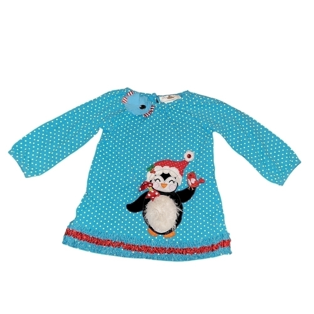 Rare Editions size 4T blue top white polka dots, Christmas themed